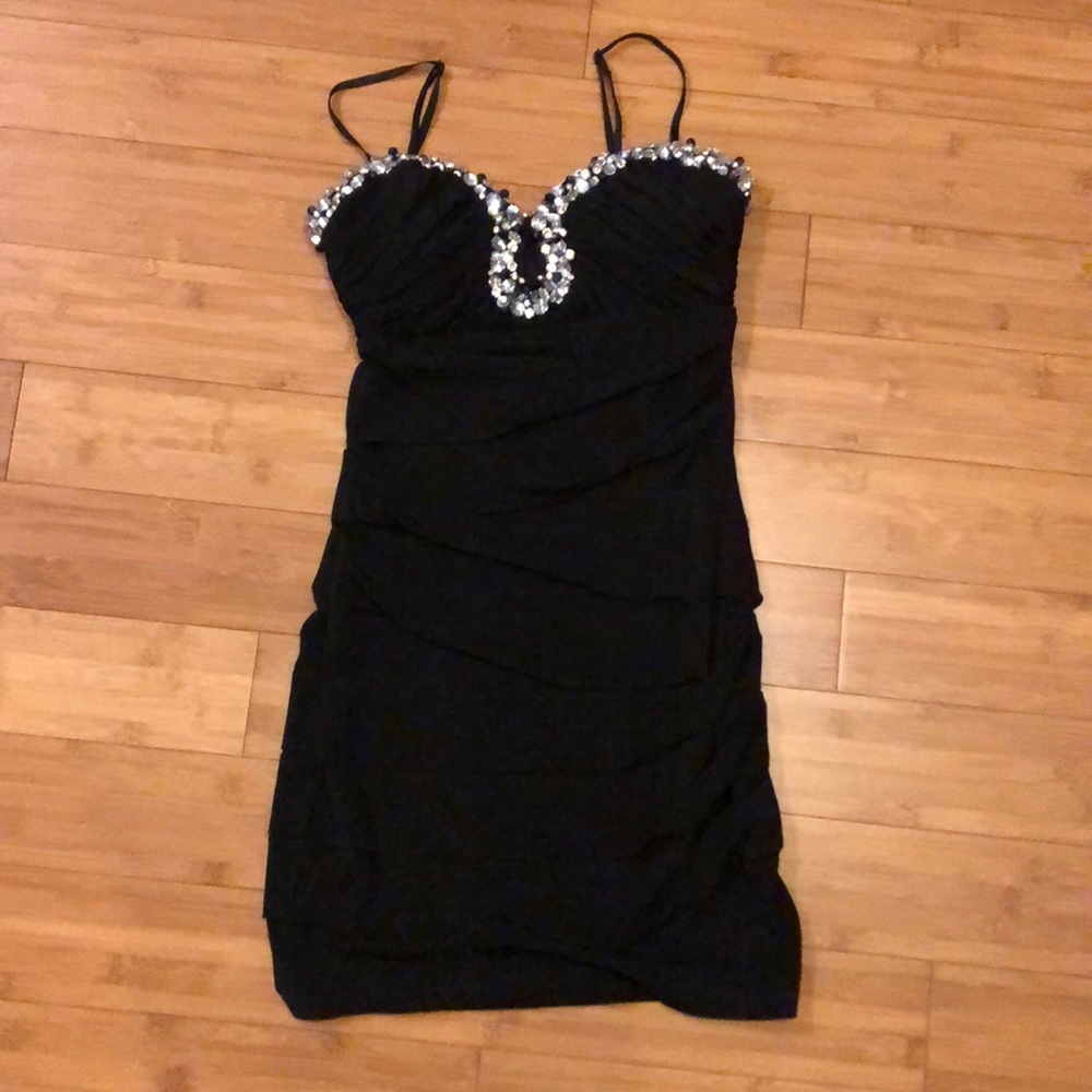 Black strapless jewel bodice party dress